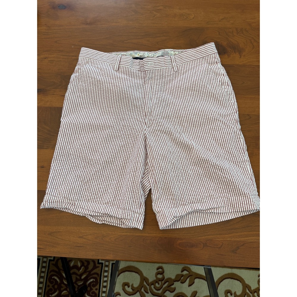 Berle Mens Red White Seersucker Striped Shorts Flat‎ Front Cotton Size 35